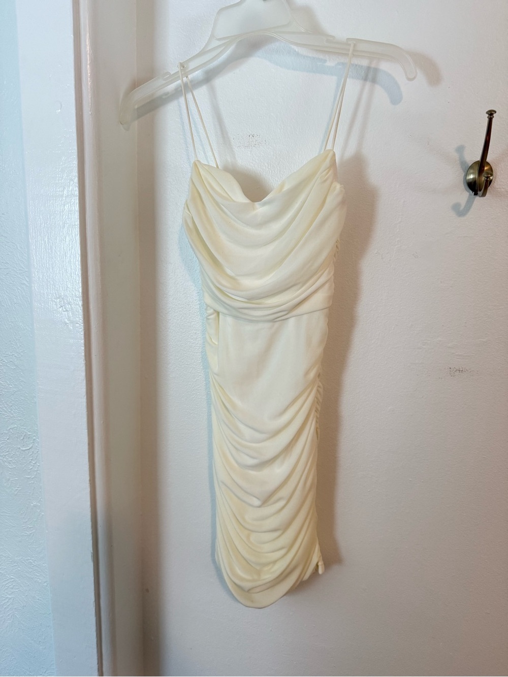 Ivory Draped Cowl Neck Spaghetti Strap Dress